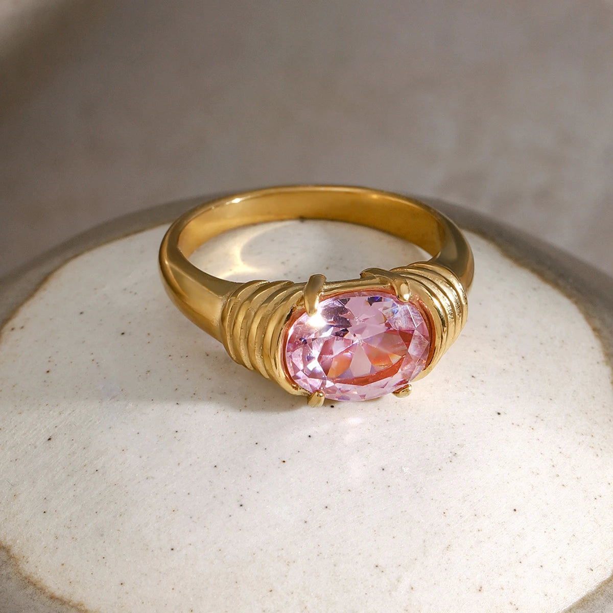 18K Gold Plated Oval Gemstone Ring – Waterproof, Tarnish-Free Statement Jewellery