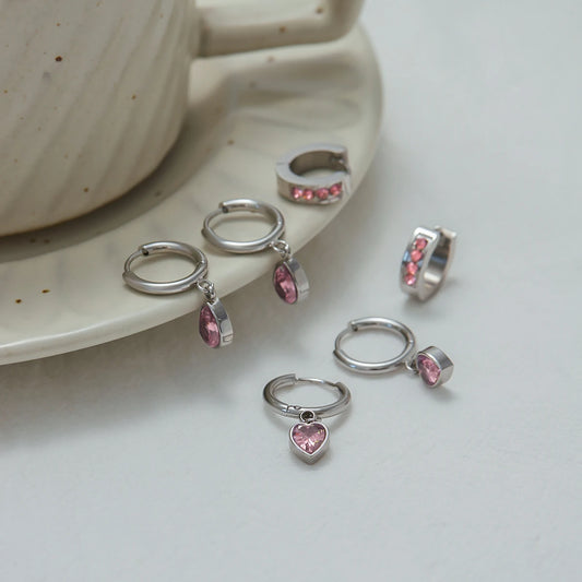 Shop silver plated pink teardrop huggie hoop earrings for women. Waterproof, hypoallergenic, tarnish free stainless steel jewellery for daily wear.