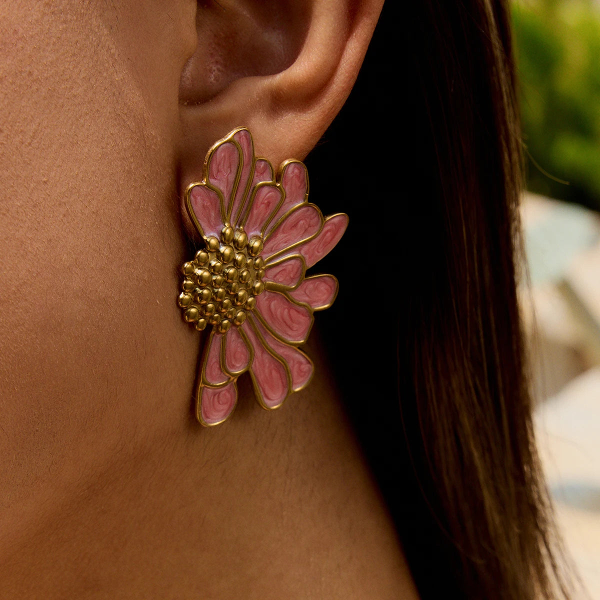 18K Gold Plated Floral Stud Earrings Set for Women – Waterproof Tarnish Free Stainless Steel Jewellery (Pink & White Variants)