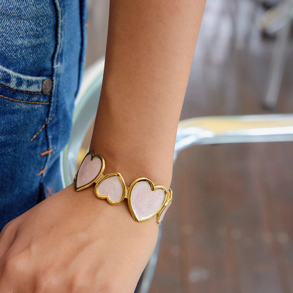 Gold Plated Pink Heart Open Cuff Bracelet for Women | Waterproof & Tarnish-Free Jewelry