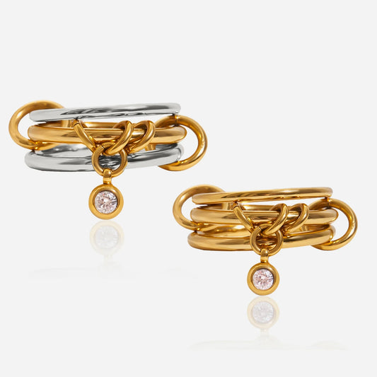 Multi-Band Dangle Charm Ring | Chunky Two-Tone or 18 K Gold Stackable Statement Ring | CZ Drop Waterproof Stainless Steel Jewelry