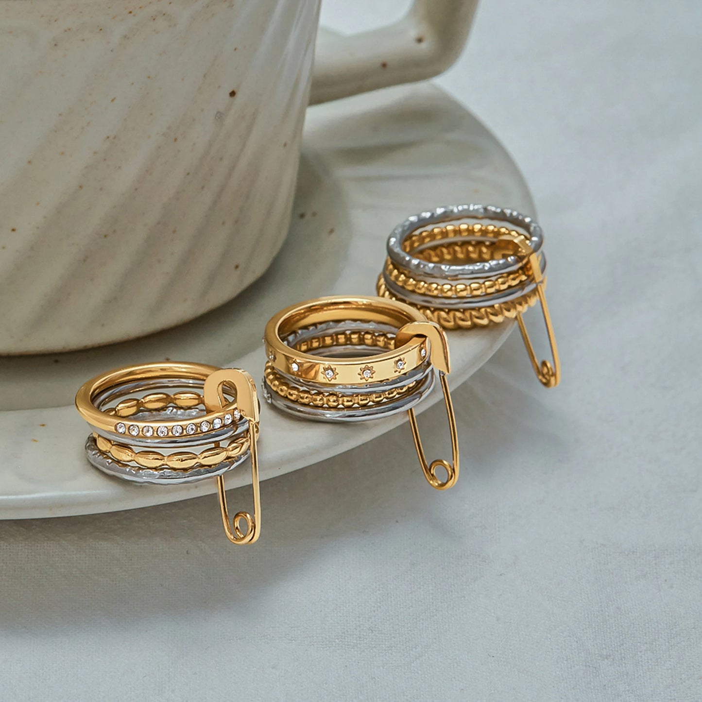 Edgy Safety Pin Stackable Ring Set | Mixed Metal Gold & Silver Tone Stainless Steel
