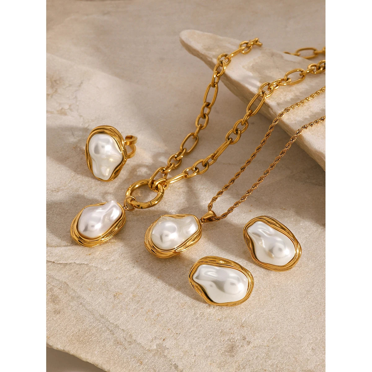 Premium 18K Gold Plated Pearl Necklace, Earrings & Ring Set for Women – Waterproof & Tarnish-Free Luxury Jewellery & Jewelry
