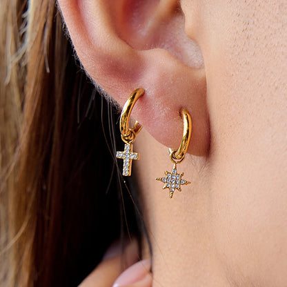 Cherry, Cross & Star Charm Huggie Hoop Earrings for Women – Gold Plated Waterproof Tarnish Free Stainless Steel Jewellery