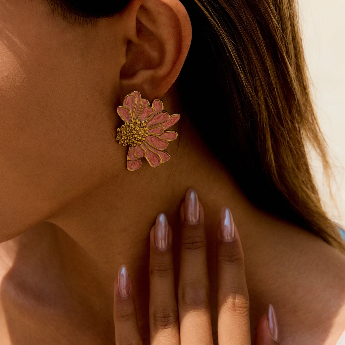 18K Gold Plated Floral Stud Earrings Set for Women – Waterproof Tarnish Free Stainless Steel Jewellery (Pink & White Variants)