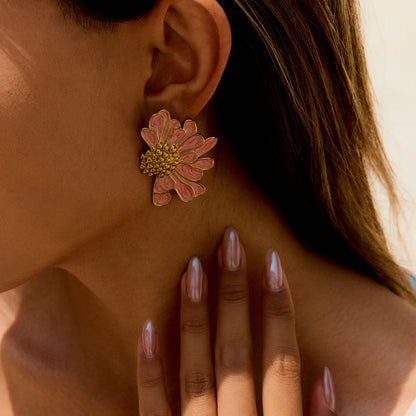 18K Gold Plated Floral Stud Earrings Set for Women – Waterproof Tarnish Free Stainless Steel Jewellery (Pink & White Variants)