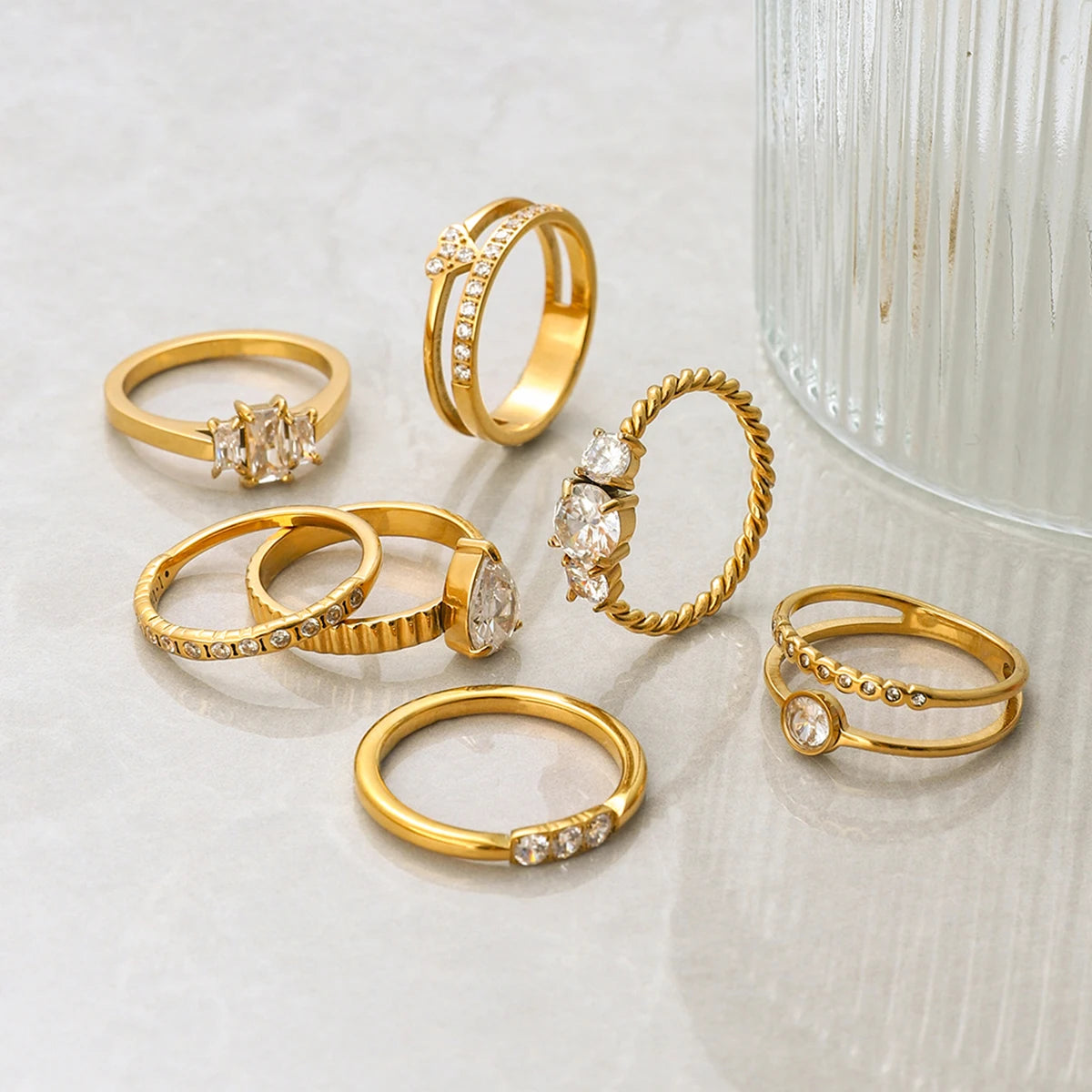 18K Gold Plated Crystal Ring Set of 6 | Waterproof Stackable Ring Stack | CZ Diamond Style Gold Ring Collection