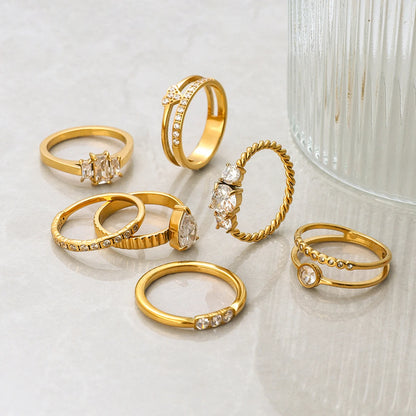 18K Gold Plated Crystal Ring Set of 6 | Waterproof Stackable Ring Stack | CZ Diamond Style Gold Ring Collection