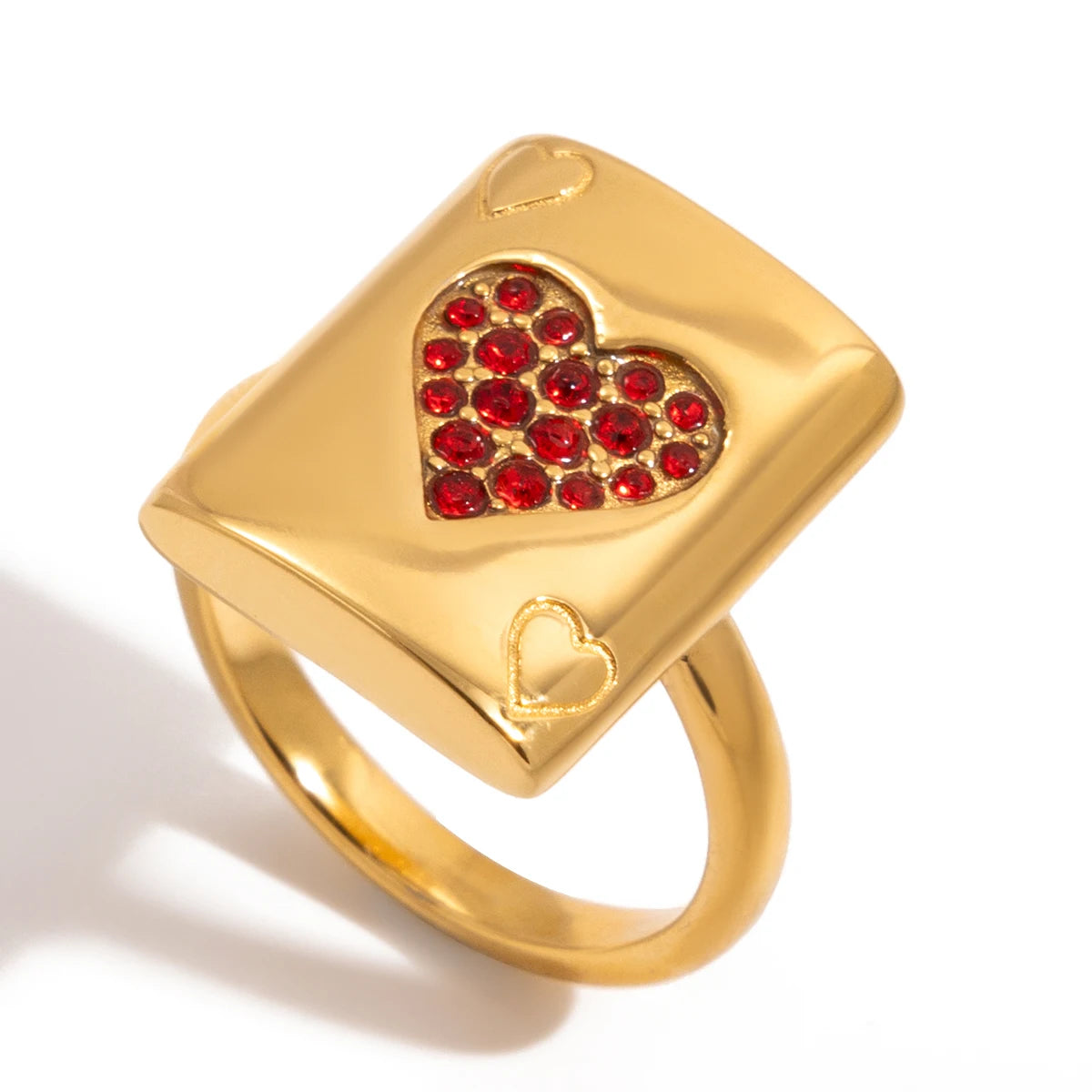 18K Gold Plated Red Crystal Heart Signet Ring | Waterproof Statement Ring | Playing Card Ace of Hearts Ring