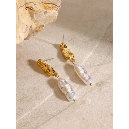 18K Gold Plated Hammered Pearl Drop Earrings for Women – Waterproof Tarnish Free Statement Jewellery