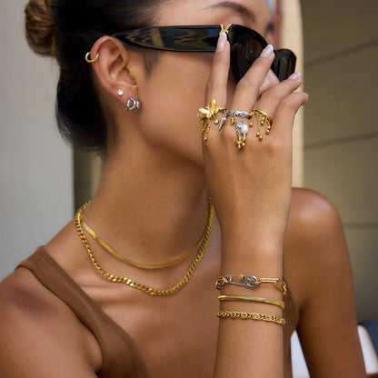 Chic & Trendy Dangle Charm Ring Set - Stackable Gold and Silver Stainless Steel