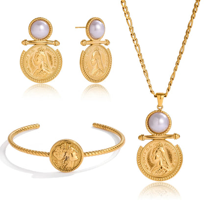 18K Gold-Plated Vintage Coin Necklace, Earrings & Bracelet Set | Elegant Coin Jewelry Set