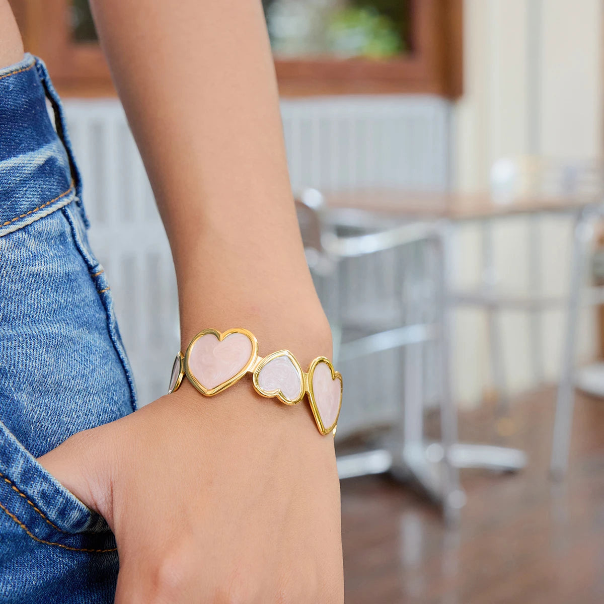 Gold Plated Pink Heart Open Cuff Bracelet for Women | Waterproof & Tarnish-Free Jewelry