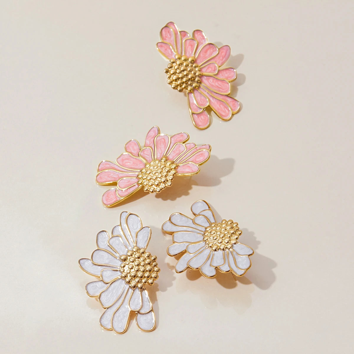 18K Gold Plated Floral Stud Earrings Set for Women – Waterproof Tarnish Free Stainless Steel Jewellery (Pink & White Variants)