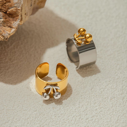 Chunky Two-Tone Gold & Silver Stainless Steel Statement Ring | Modern Wide Band Heart & Cherry Design | Waterproof Bicolor Fashion Jewelry
