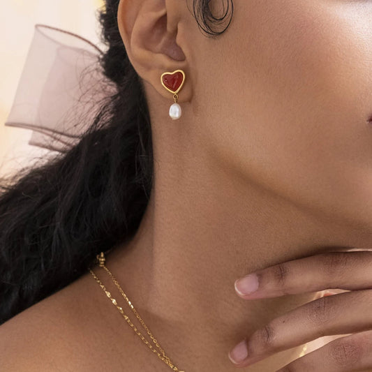 18K Gold Plated Heart Pearl Drop Earrings – Waterproof Tarnish-Free Romantic Jewelry for Women