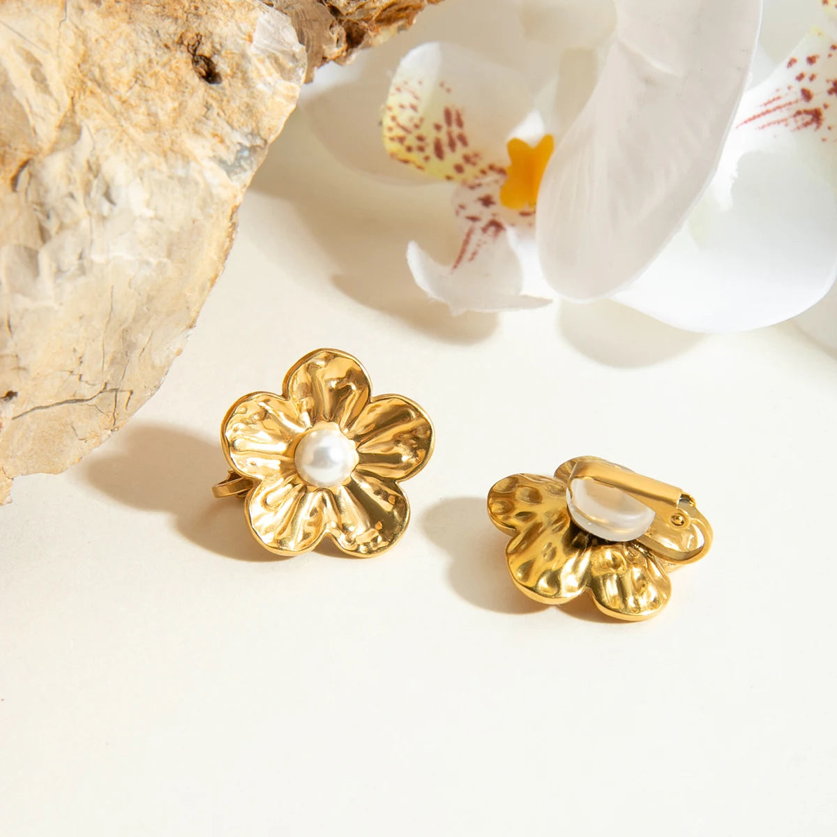 Gold Plated Flower Pearl Clip-On Earrings for Women – Waterproof Tarnish Free Stainless Steel Fashion Jewellery
