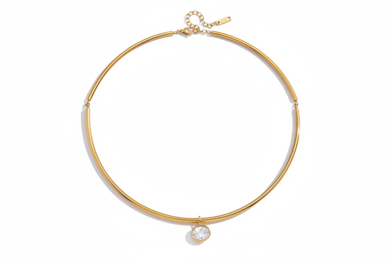 18K Gold Plated Rigid Choker Necklace with CZ Charm | Waterproof Minimalist Gold Tube Collar Necklace | Available in Round, Oval, Marquise & Pear Cut