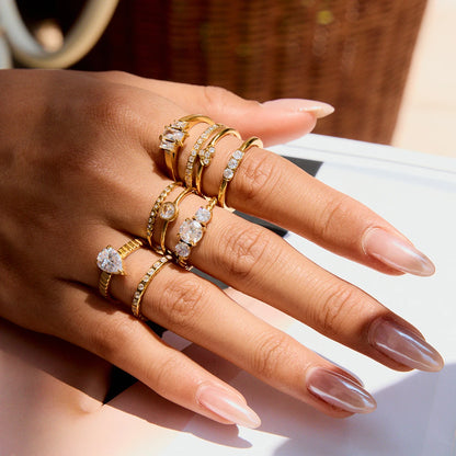 18K Gold Plated Crystal Ring Set of 6 | Waterproof Stackable Ring Stack | CZ Diamond Style Gold Ring Collection