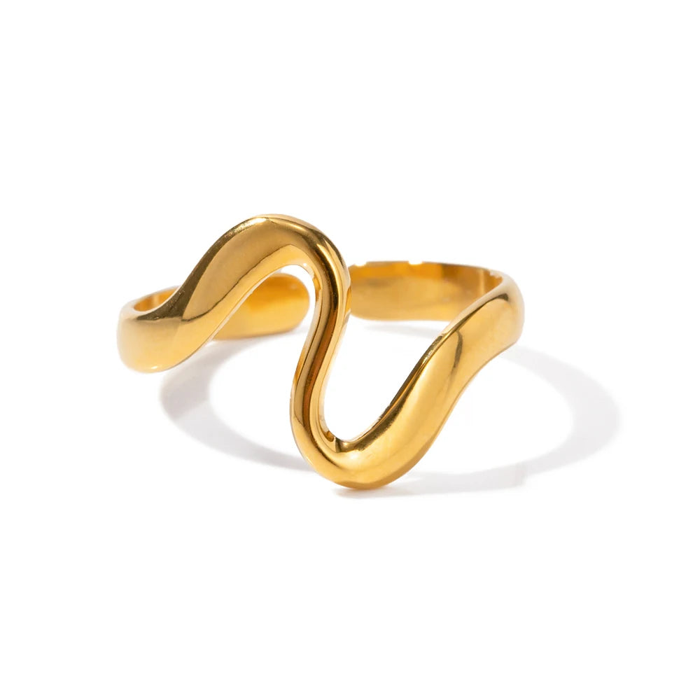 Chunky Wavy Contour Ring | 18K Gold Plated Molten Adjustable Band | Organic Waterproof Stainless Steel Statement Jewelry