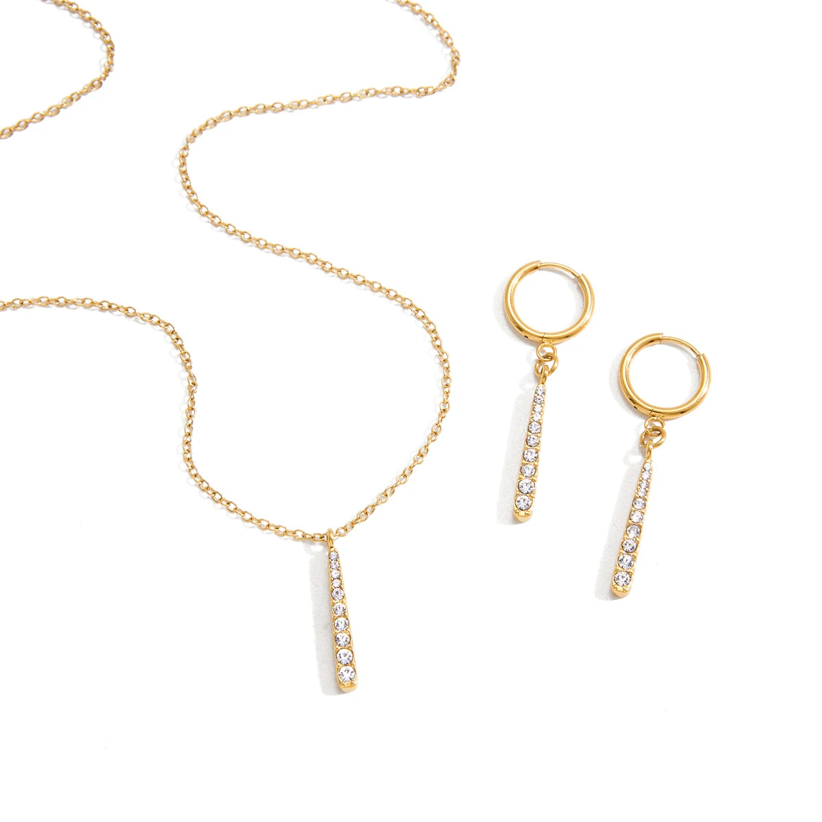18K Vergulde Kristallen Staafketting & Oorbellen Set | Minimalistische Gouden Sieraden