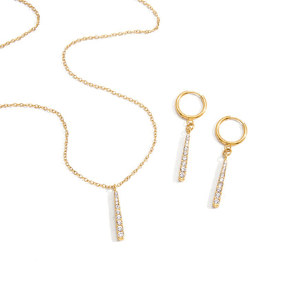 18K Vergulde Kristallen Staafketting & Oorbellen Set | Minimalistische Gouden Sieraden