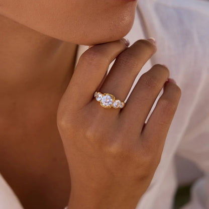 18K Gold Plated Five Stone CZ Bubble Ring | Waterproof Diamond Style Bezel Cluster Ring | Luxury Statement Ring