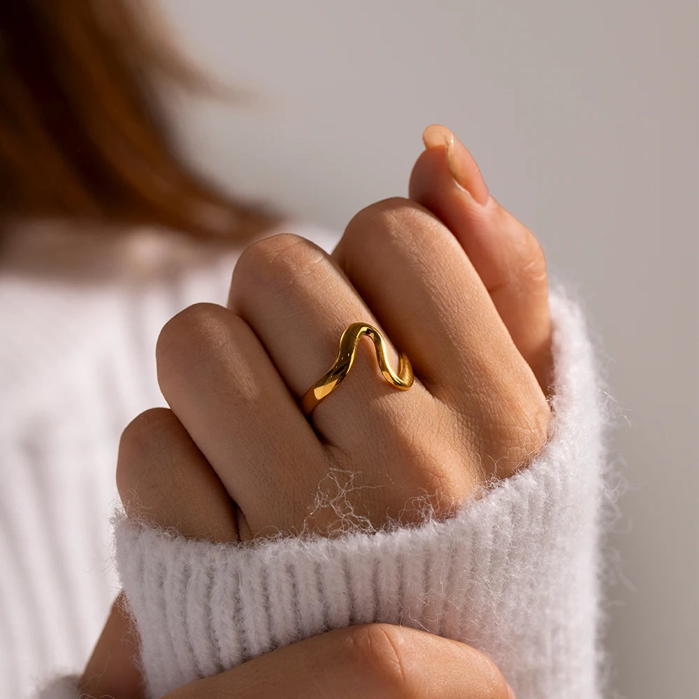 Chunky Wavy Contour Ring | 18K Gold Plated Molten Adjustable Band | Organic Waterproof Stainless Steel Statement Jewelry