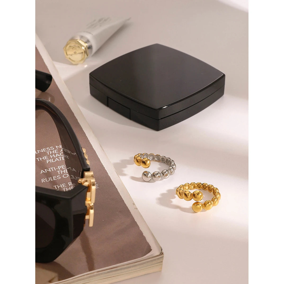 18K Vergulde Bubble Kraal Open Ring | Verstelbare Waterdichte Ball Chain Ring | Verkrijgbaar in Goud & Zilver