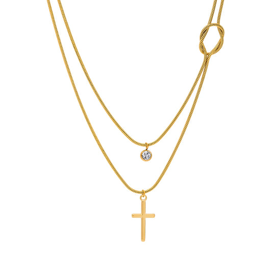 Gelaagde Gouden Kruisketting | Slangenketting Knoop & Solitaire Druppel