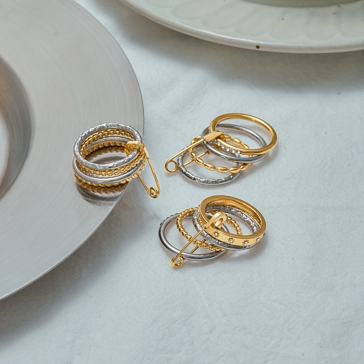 Edgy Safety Pin Stackable Ring Set | Mixed Metal Gold & Silver Tone Stainless Steel