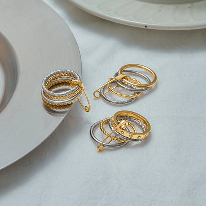 Edgy Safety Pin Stackable Ring Set | Mixed Metal Gold & Silver Tone Stainless Steel