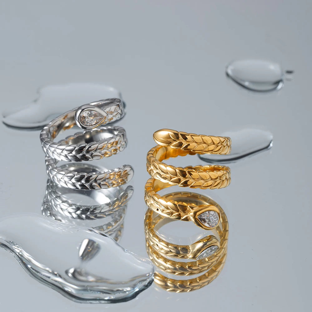 18K Gold Plated Snake Wrap Ring with Crystal – Adjustable, Waterproof & Tarnish-Free (Gold & Silver)