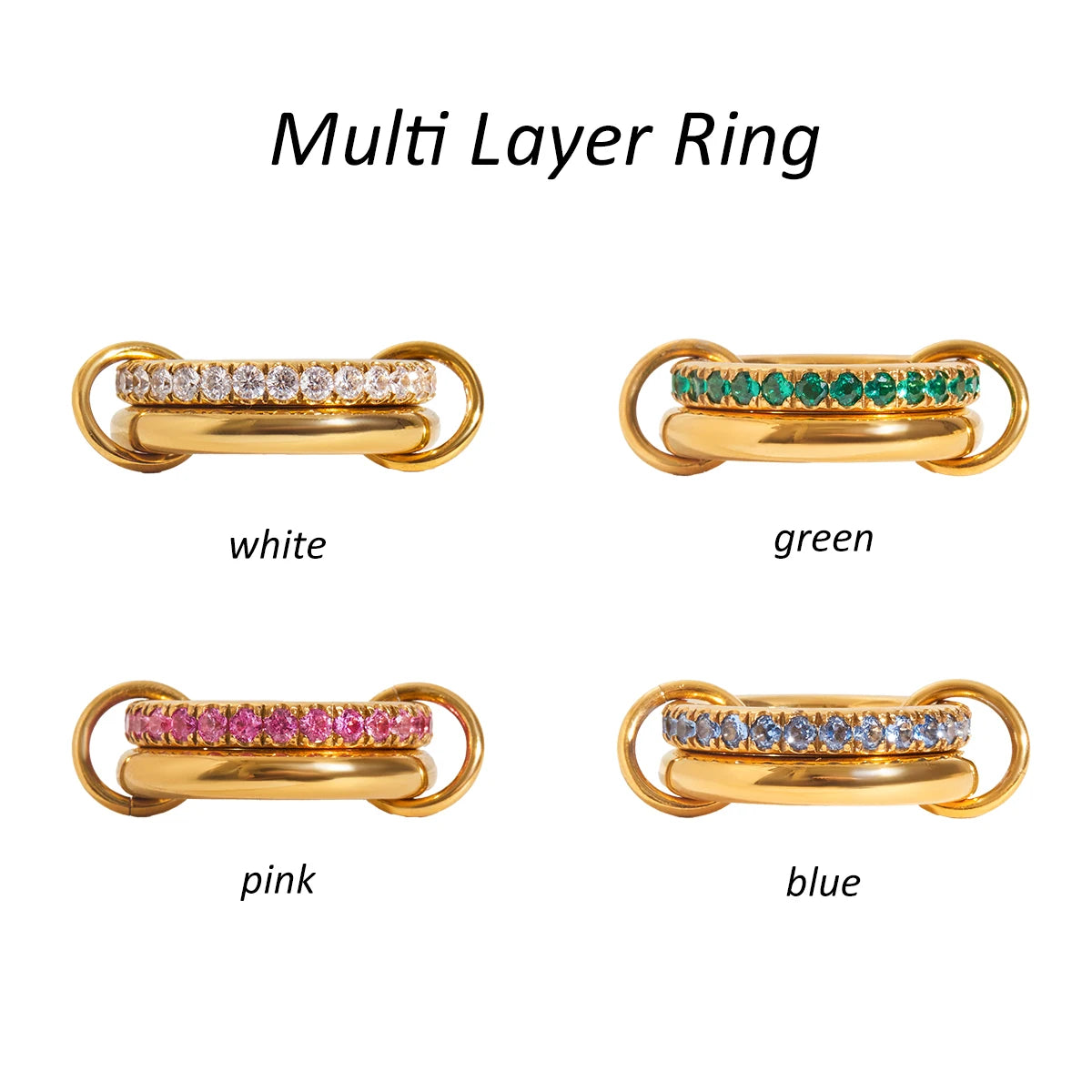 Luxe Meerlaagse Gouden Ring met Gekleurde Zirkoonstenen – Wit, Groen, Roze & Blauw | Verstelbare Stapelbare Modering