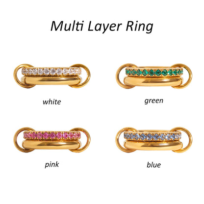Luxe Meerlaagse Gouden Ring met Gekleurde Zirkoonstenen – Wit, Groen, Roze & Blauw | Verstelbare Stapelbare Modering
