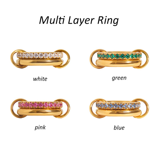 Luxury Multi-Layer Gold Ring with Colored Zircon Stones – White, Green, Pink & Blue | Adjustable Stacking Fashion Ring