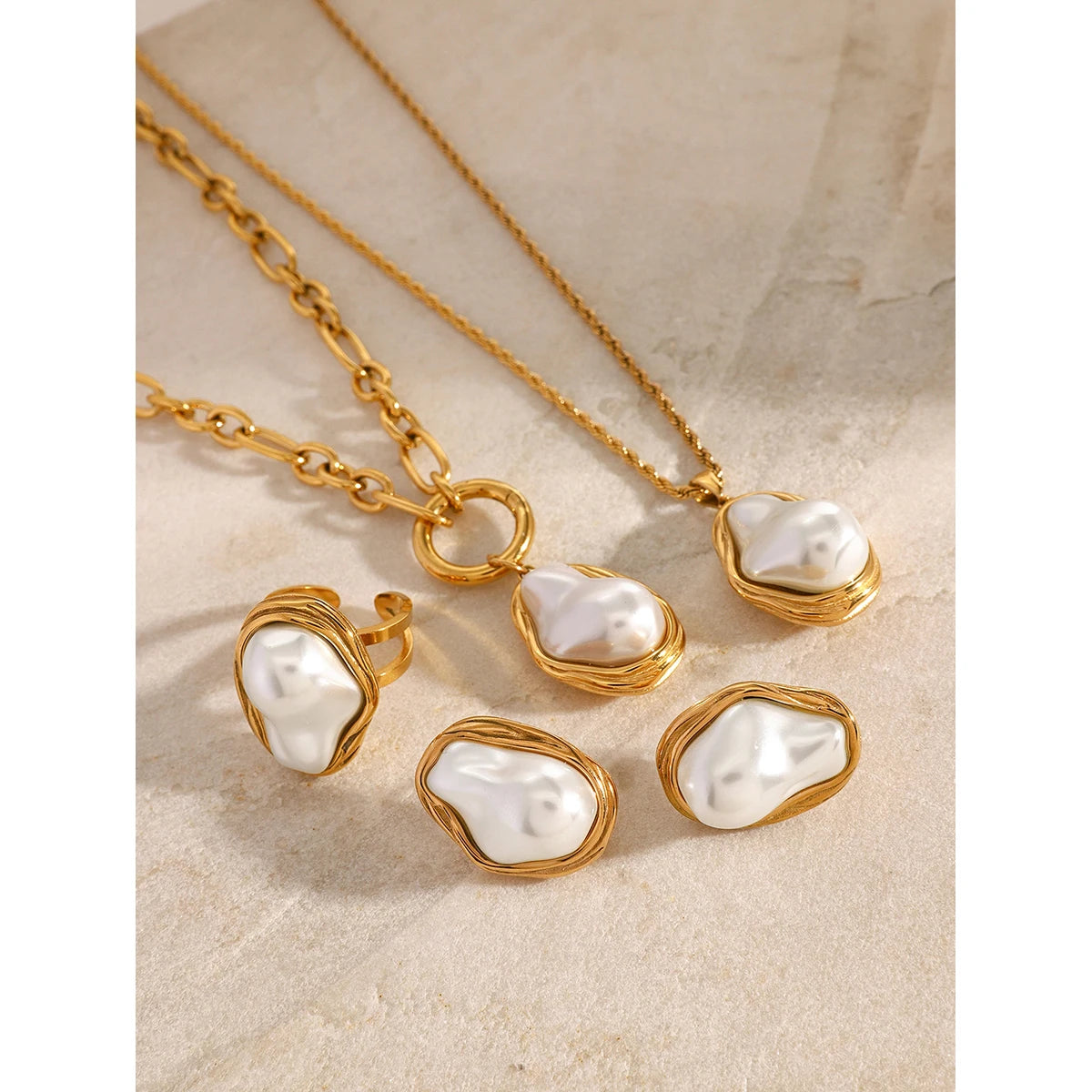 Premium 18K Gold Plated Pearl Necklace, Earrings & Ring Set for Women – Waterproof & Tarnish-Free Luxury Jewellery & Jewelry