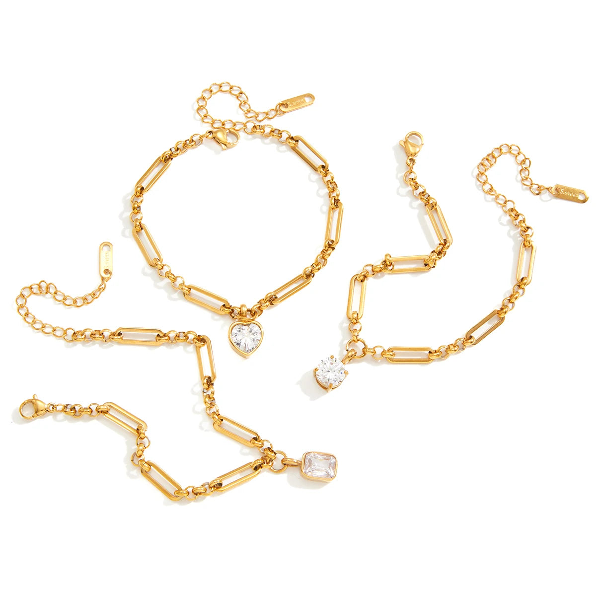 18K Gold Plated Paperclip Chain Bracelet with CZ Charm | Waterproof Mixed Link Chain Bracelet | Available in Heart, Round & Cushion Cut