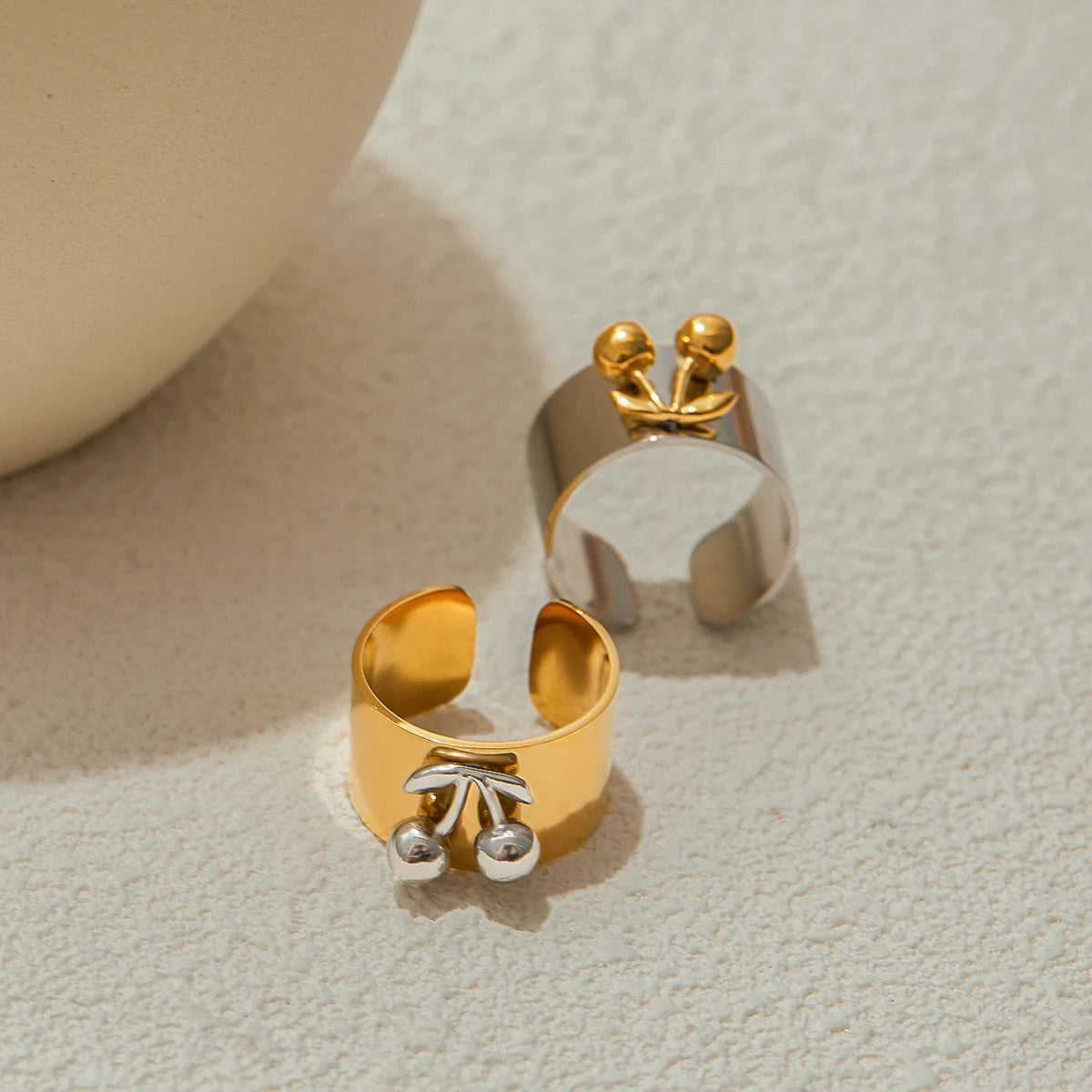 Chunky Two-Tone Gold & Silver Stainless Steel Statement Ring | Modern Wide Band Heart & Cherry Design | Waterproof Bicolor Fashion Jewelry