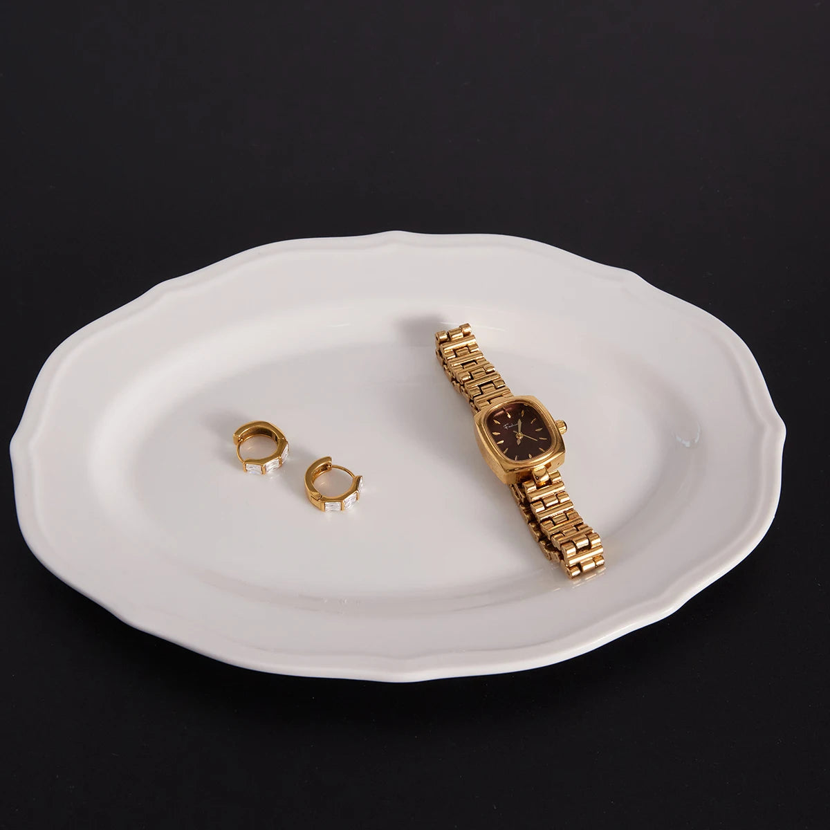 18K Gold Plated Baguette CZ Huggie Hoop Earrings | Waterproof Double Row Channel Set Crystal Earrings | Diamond Style Chunky Hoop Earrings