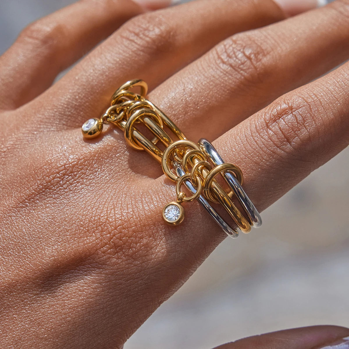 Multi-Band Dangle Charm Ring | Chunky Two-Tone or 18 K Gold Stackable Statement Ring | CZ Drop Waterproof Stainless Steel Jewelry