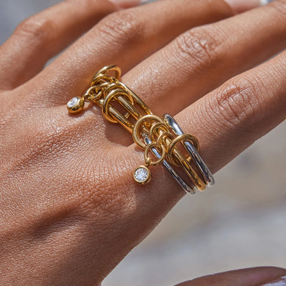 Multi-Band Dangle Charm Ring | Chunky Two-Tone or 18 K Gold Stackable Statement Ring | CZ Drop Waterproof Stainless Steel Jewelry