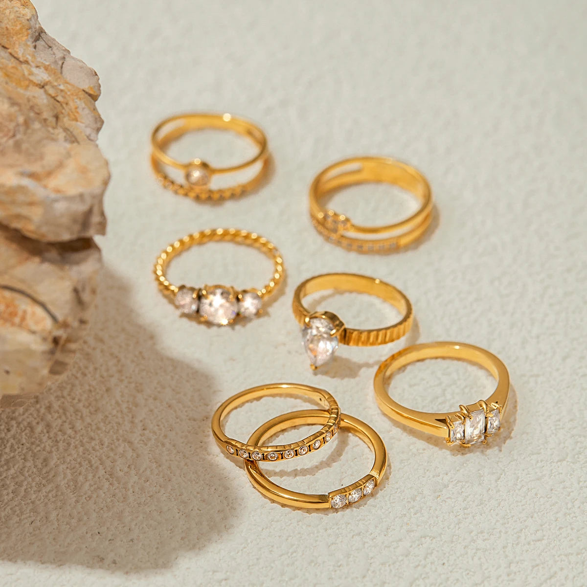 18K Gold Plated Crystal Ring Set of 6 | Waterproof Stackable Ring Stack | CZ Diamond Style Gold Ring Collection