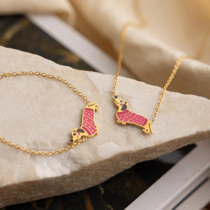 18K Gold Plated Enamel Dog Bracelet & Necklace Set for Women – Waterproof & Tarnish-Free Jewellery & Jewelry