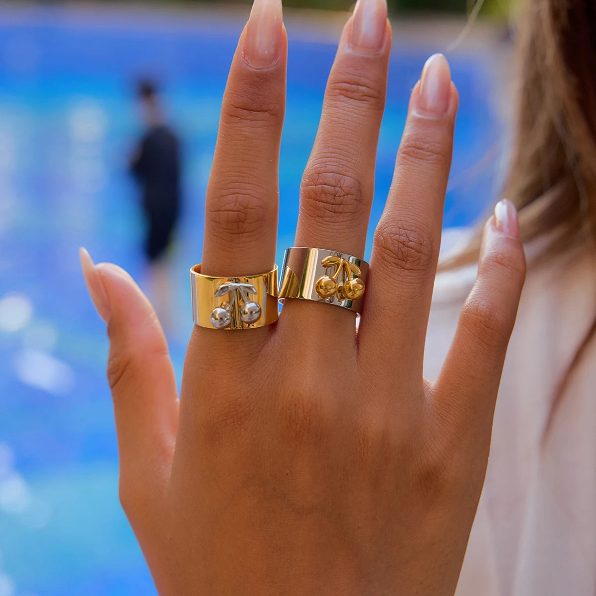 Chunky Two-Tone Gold & Silver Stainless Steel Statement Ring | Modern Wide Band Heart & Cherry Design | Waterproof Bicolor Fashion Jewelry