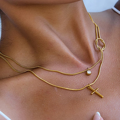 Gelaagde Gouden Kruisketting | Slangenketting Knoop & Solitaire Druppel