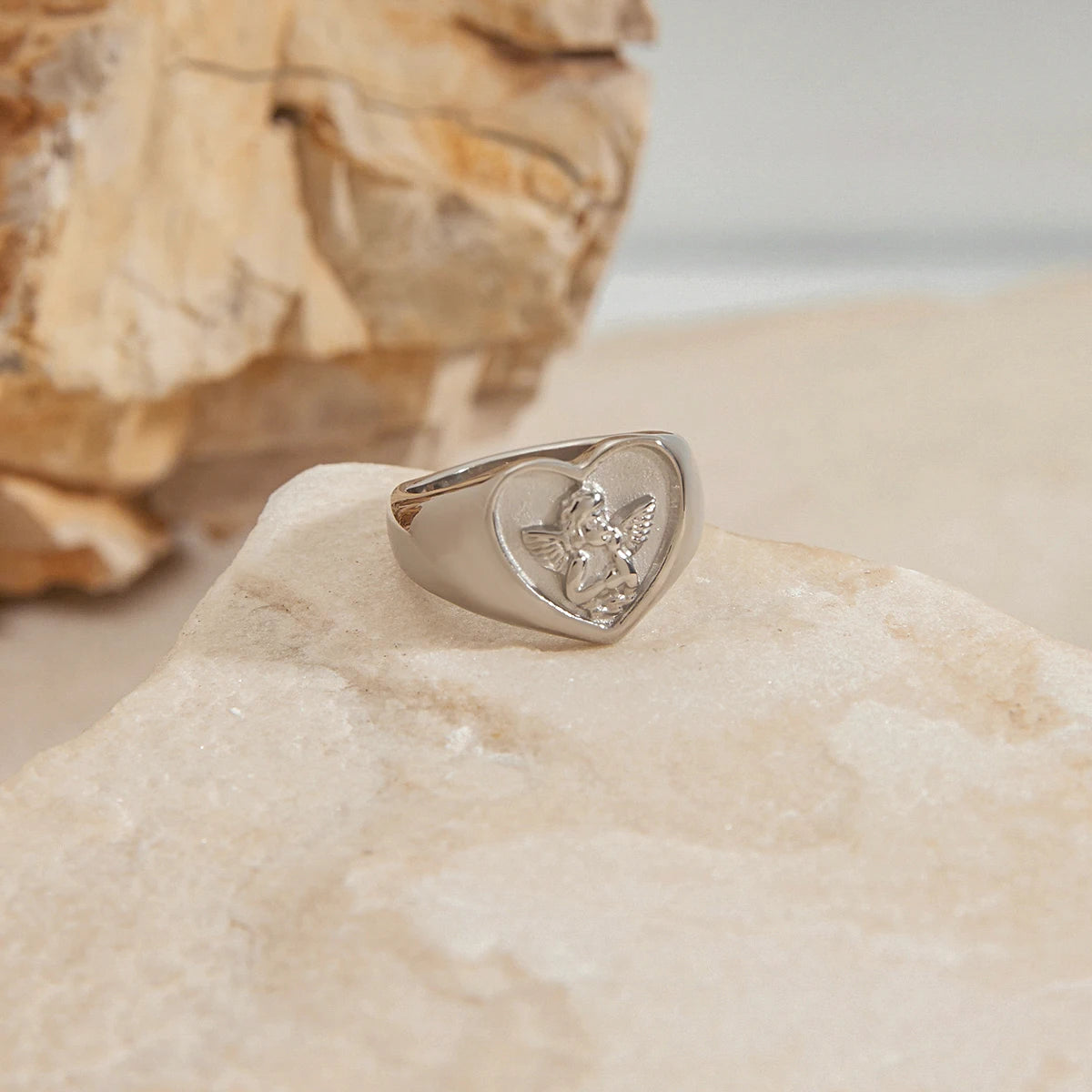 Vintage Cherub Hart Ring | Verguld & Verzilverd Engelen Ring | Waterdichte Chunky Esthetische Statement Sieraden