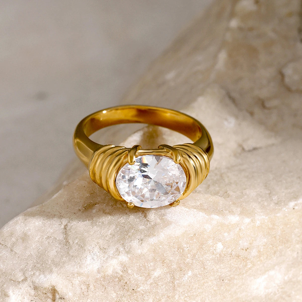 18K Gold Plated Oval Gemstone Ring – Waterproof, Tarnish-Free Statement Jewellery