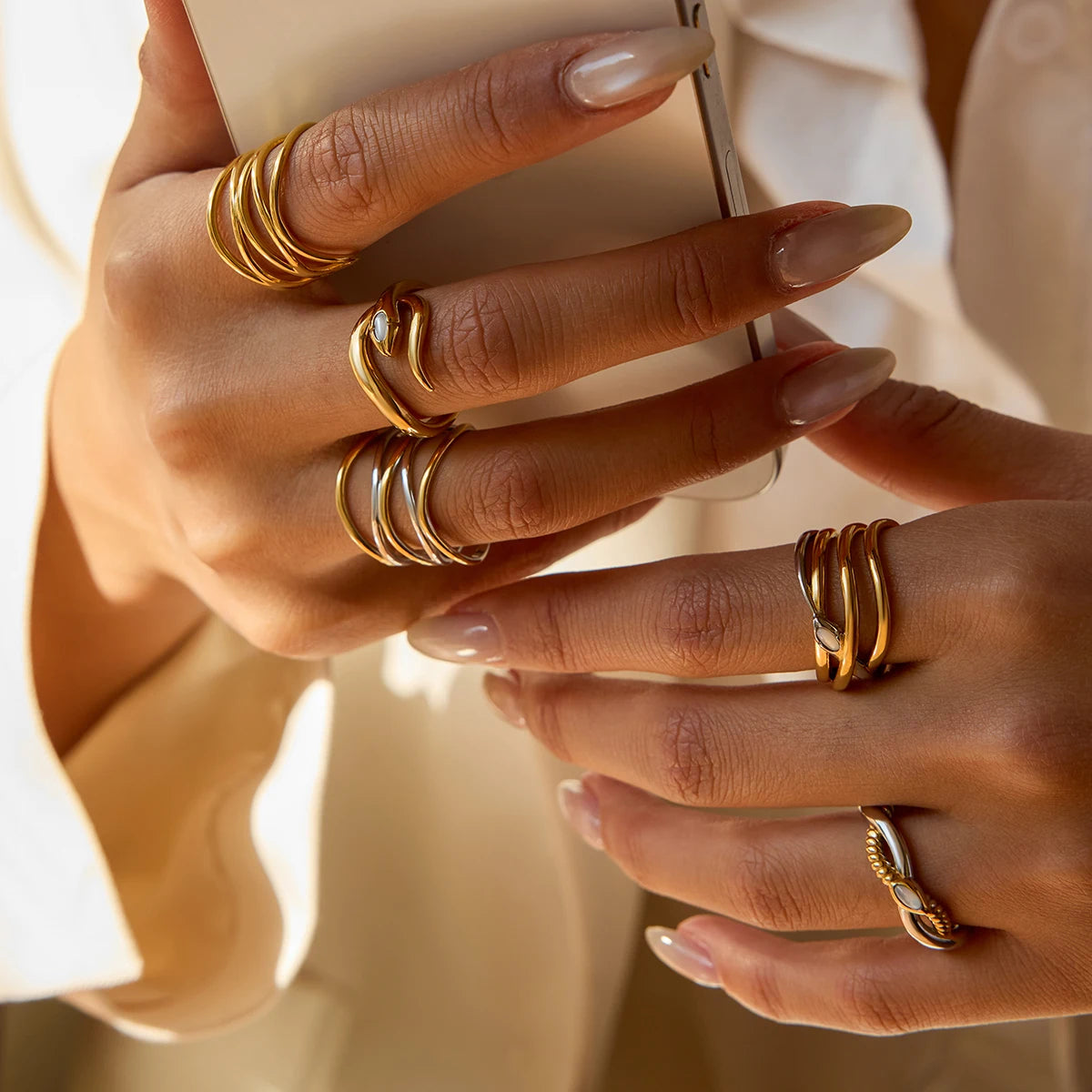 Chunky Two-Tone Twisted Knot Ring | 18K Gold Plated Stainless Steel Bicolor Statement Ring | Sculptural Modern Inlay Jewelry