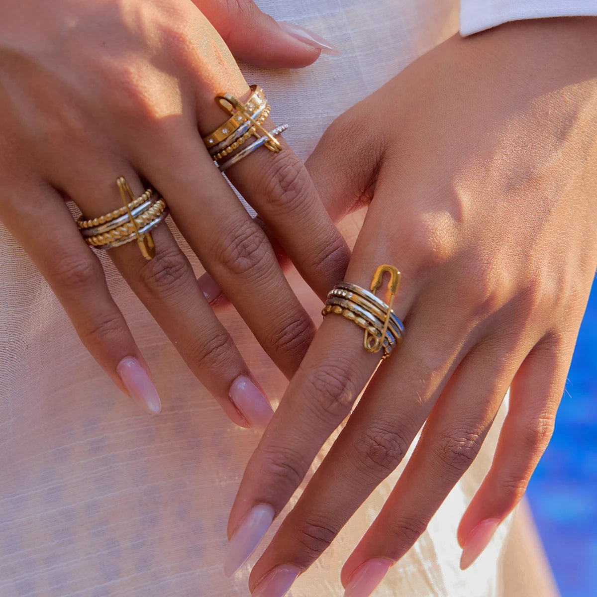 Edgy Safety Pin Stackable Ring Set | Mixed Metal Gold & Silver Tone Stainless Steel